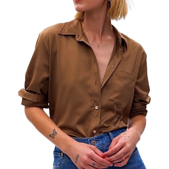 NWT* GAP Satin Button Down Blouse in Cozy Brown - Picture 1 of 7